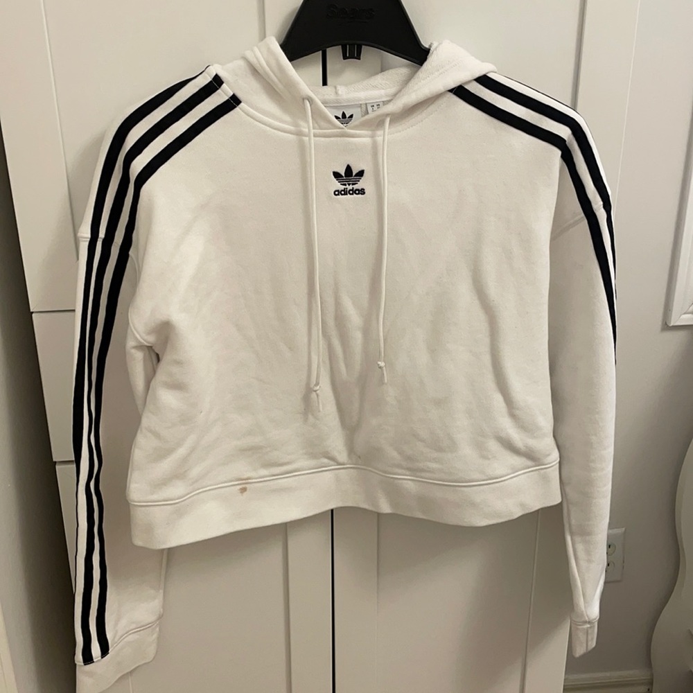 Adidas Cropped White And Black Striped Hoodie